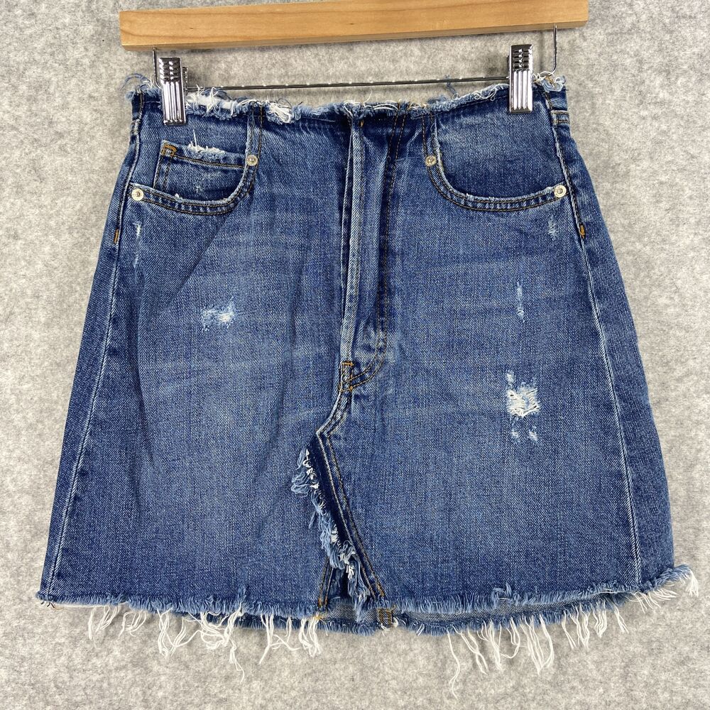 Zara Woman Blue Denim‎ Jean Mini Skirt Distressed Frayed Hem 5 Pocket Womens XS